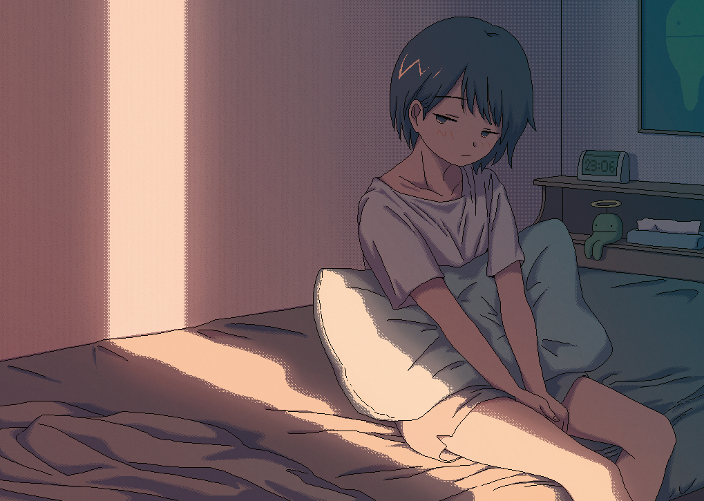 1girl, alarm_clock, aliasing, black_hair, blush, clock, dark, dithering
