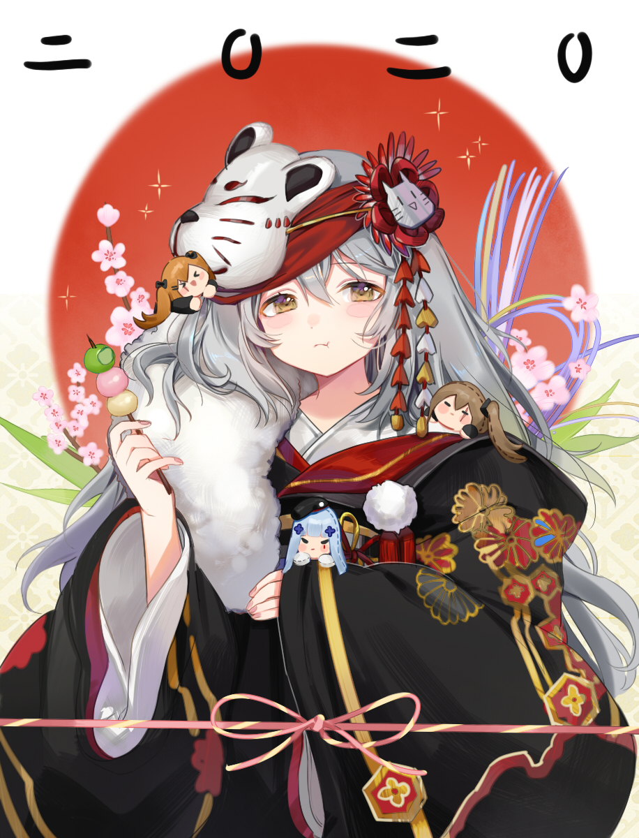 >_<, 1girl, 2020, 404_(girls'_frontline), :d, :t, black_kimono, blue_hair