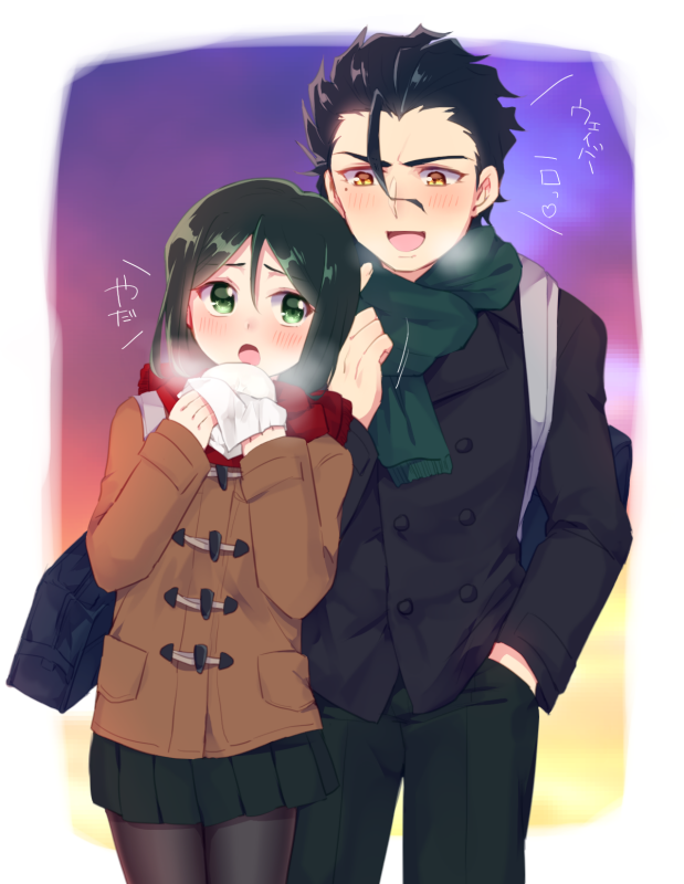 1boy, 1girl, black_hair, black_pantyhose, blush, bob_cut, breath, brother_and_sister
