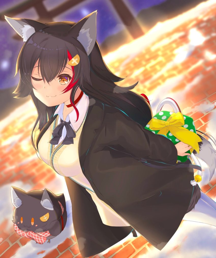 1girl, ;), amakawa_ruka, animal_ears, black_hair, blurry, box, cardigan