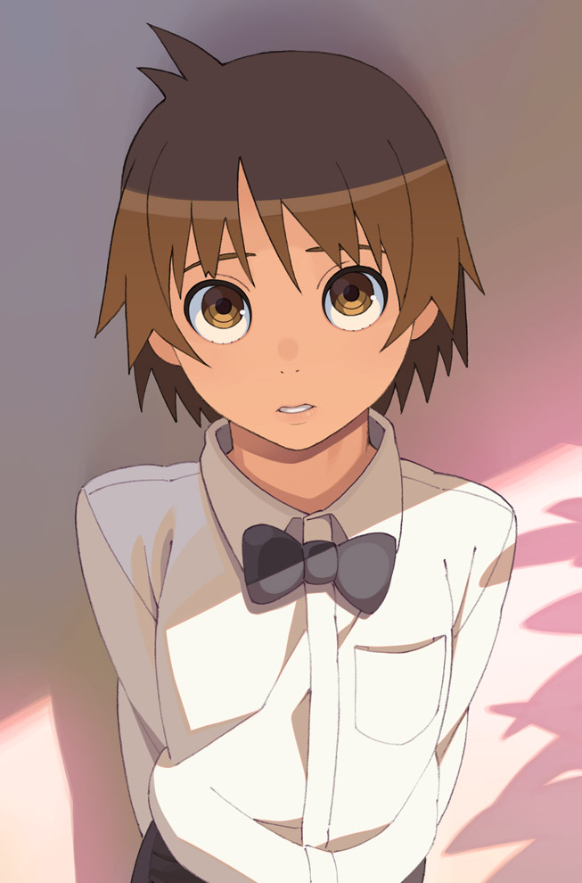 00s, 1girl, androgynous, bow, bowtie, brown_eyes, brown_hair, female_focus, go_robots, kamigamo_jun, natsu_no_arashi!, reverse_trap, shirt, short_hair, solo