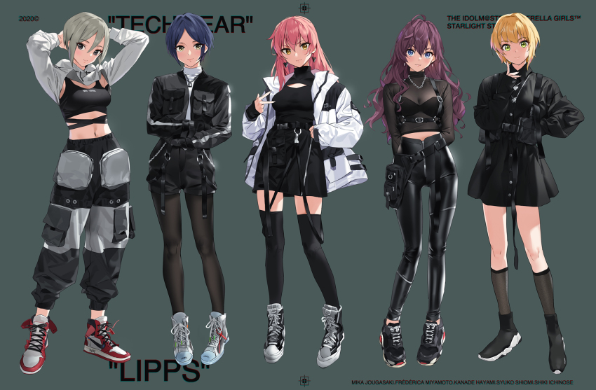5girls, ahoge, air_jordan, air_jordan_1, arms_behind_head, arms_up, asymmetrical_hair, balenciaga, balenciaga_speed_trainer, balenciaga_triple_s, black_dress, black_eyes, black_footwear, black_jacket, black_legwear, black_pants, blonde_hair, blue_eyes, blue_hair, blush, breasts, brown_hair, chromatic_aberration, cleavage, converse, dress, earrings, eyelashes, full_body, green_eyes, grey_hair, hair_between_eyes, hayami_kanade, highres, ichinose_shiki, idolmaster, idolmaster_cinderella_girls, jacket, jewelry, jougasaki_mika, large_breasts, lipps_(idolmaster), long_hair, long_sleeves, looking_at_viewer, medium_breasts, miyamoto_frederica, multiple_girls, navel, necklace, nike_(company), off-white, off-white_(brand), pants, parted_bangs, pink_hair, red_footwear, sacai, see-through_clothes, see-through_cleavage, shiomi_syuko, shoes, short_hair, simple_background, smile, sneakers, sports_bra, thighhighs, wavy_hair, white_footwear, white_jacket, yd_(orange_maru), yellow_eyes