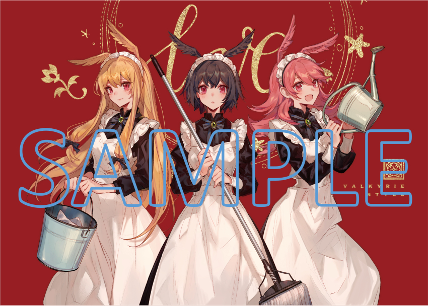 3girls, :d, :o, apron, black_dress, black_hair, blonde_hair, blush