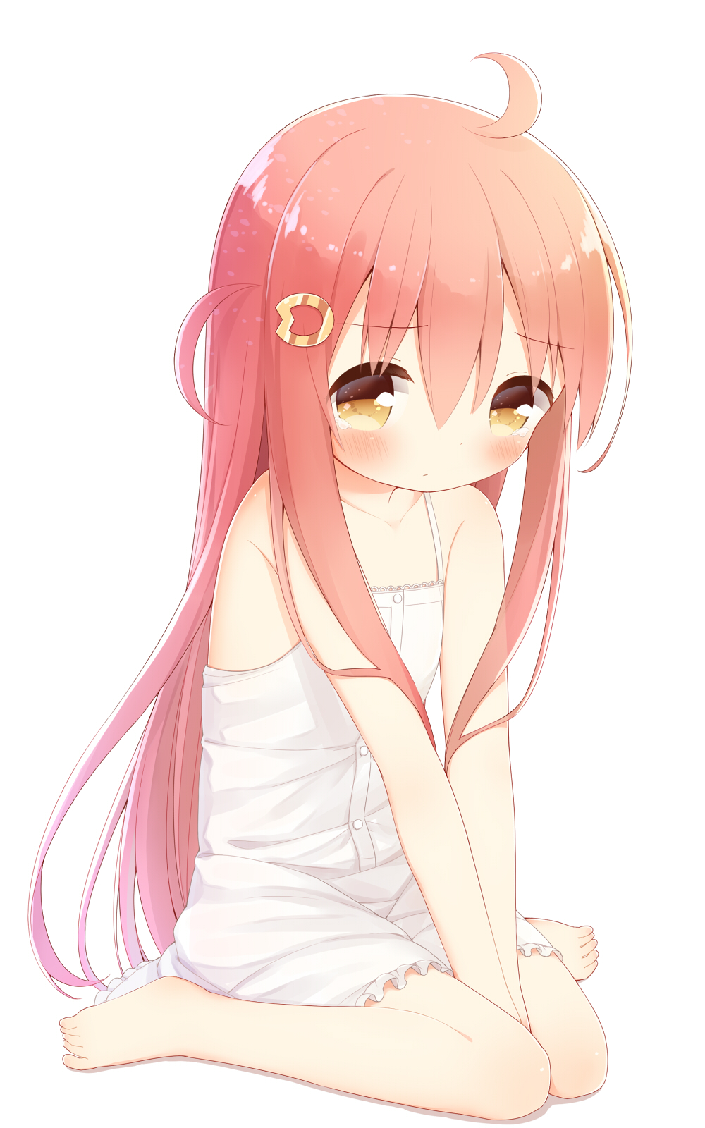 1girl, ahoge, bare_arms, bare_shoulders, barefoot, between_legs, blush, dress