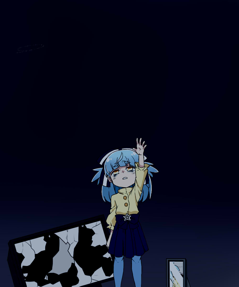10s, 1girl, bags_under_eyes, black_sky, blue_hair, bow, broken, broken_screen
