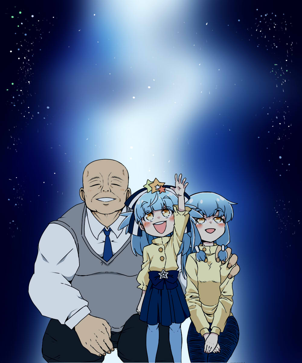 10s, 1boy, 2girls, aged_down, bald, blue_hair, bow, closed_eyes