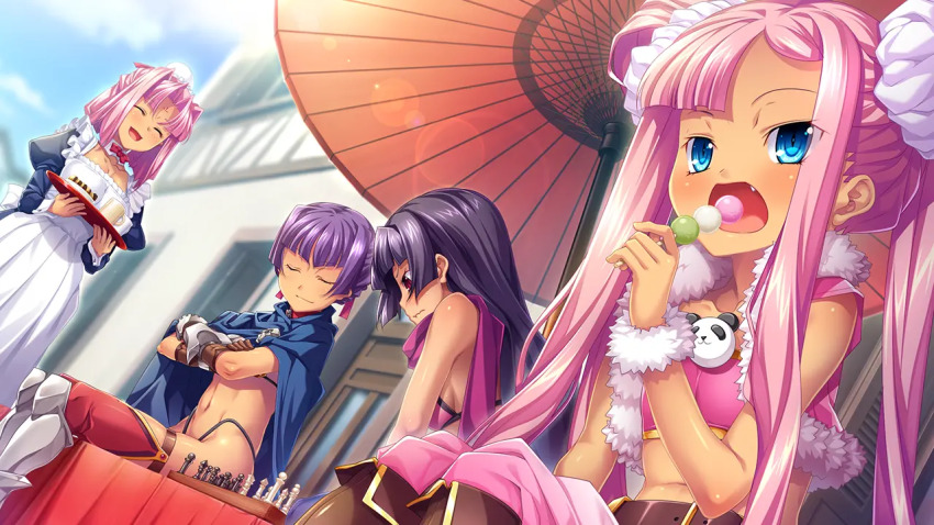 4girls, apron, armor, bandeau, belt, bikini, bikini_armor, bikini_top_only