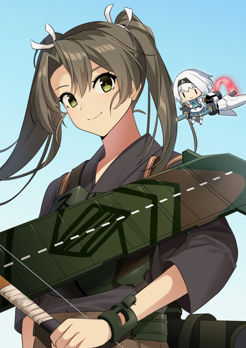 2girls, a6m_zero_(ash_arms), akagi_kurage, ash_arms, black_shirt, bow_(weapon), brown_hair, camouflage