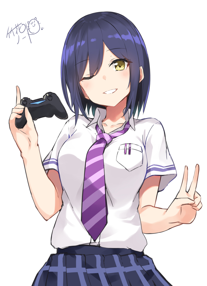 1girl, :d, artist_name, blonde_hair, blue_hair, breasts, collarbone, collared_shirt