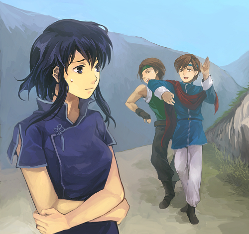 1girl, 2boys, brown_eyes, brown_hair, crossed_arms, fingerless_gloves, fire_emblem, fire_emblem:_genealogy_of_the_holy_war