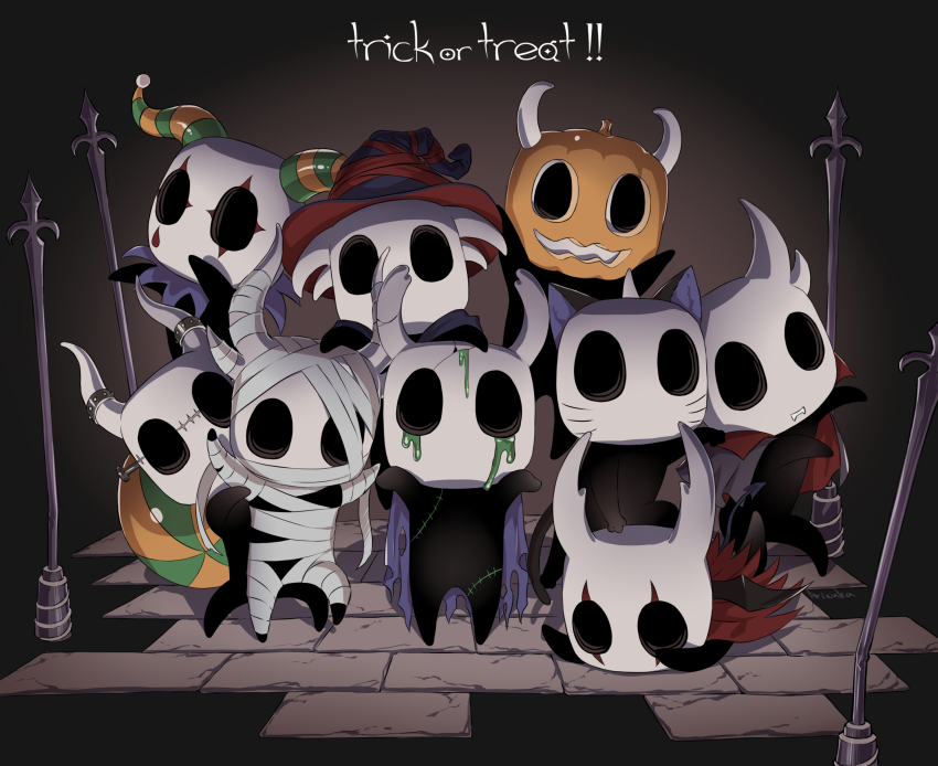 animal_ears, arizuka_(catacombe), bandaged_arm, bandaged_leg, bandages, black_headwear, bug, cape, cat_ears, cloak, commentary_request, cosplay, english_text, facial_mark, fangs, grimm_(hollow_knight), grimm_(hollow_knight)_(cosplay), halloween, hat, highres, holding, hollow_eyes, hollow_knight, horns, jack-o'-lantern, knight_(hollow_knight), pumpkin, red_cape, red_headwear, slime_(substance), standing, torn_cape, torn_clothes, trick_or_treat, whisker_markings, witch_hat
