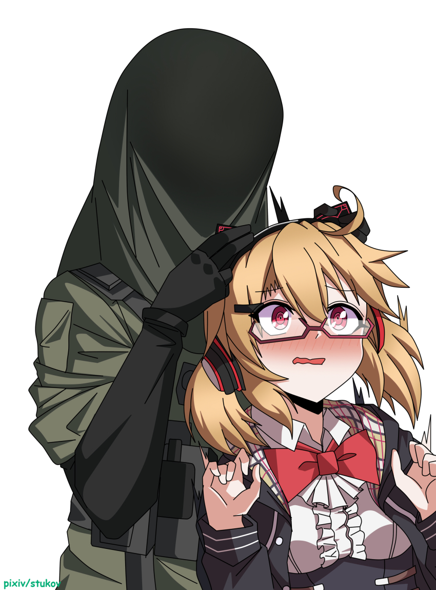 2girls, absurdres, animal_ear_headphones, animal_ears, blush, bow, bowtie, brown_hair