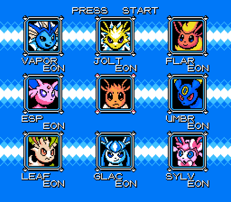 :o, alternate_color_school_swimsuit, blue_background, blue_eyes, brown_eyes, character_name, creature, eevee, english_text, espeon, evolutionary_line, flareon, frown, gen_1_pokemon, gen_2_pokemon, gen_4_pokemon, gen_6_pokemon, glaceon, jolteon, leafeon, looking_at_viewer, mega_man_(classic), mega_man_(series), nintendo, no_humans, pixel_art, pokemon, pokemon_(creature), purple_eyes, raciebeep, red_eyes, ribbon, school_swimsuit, smirk, swimsuit, sylveon, umbreon, vaporeon