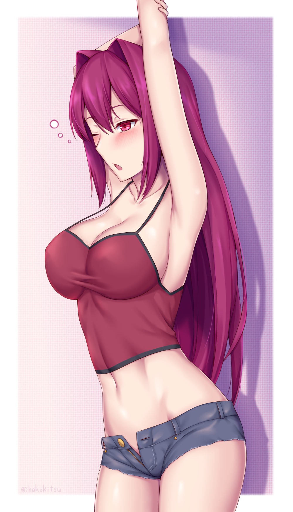 1girl, ;o, armpits, arms_up, blush, breasts, camisole, collarbone