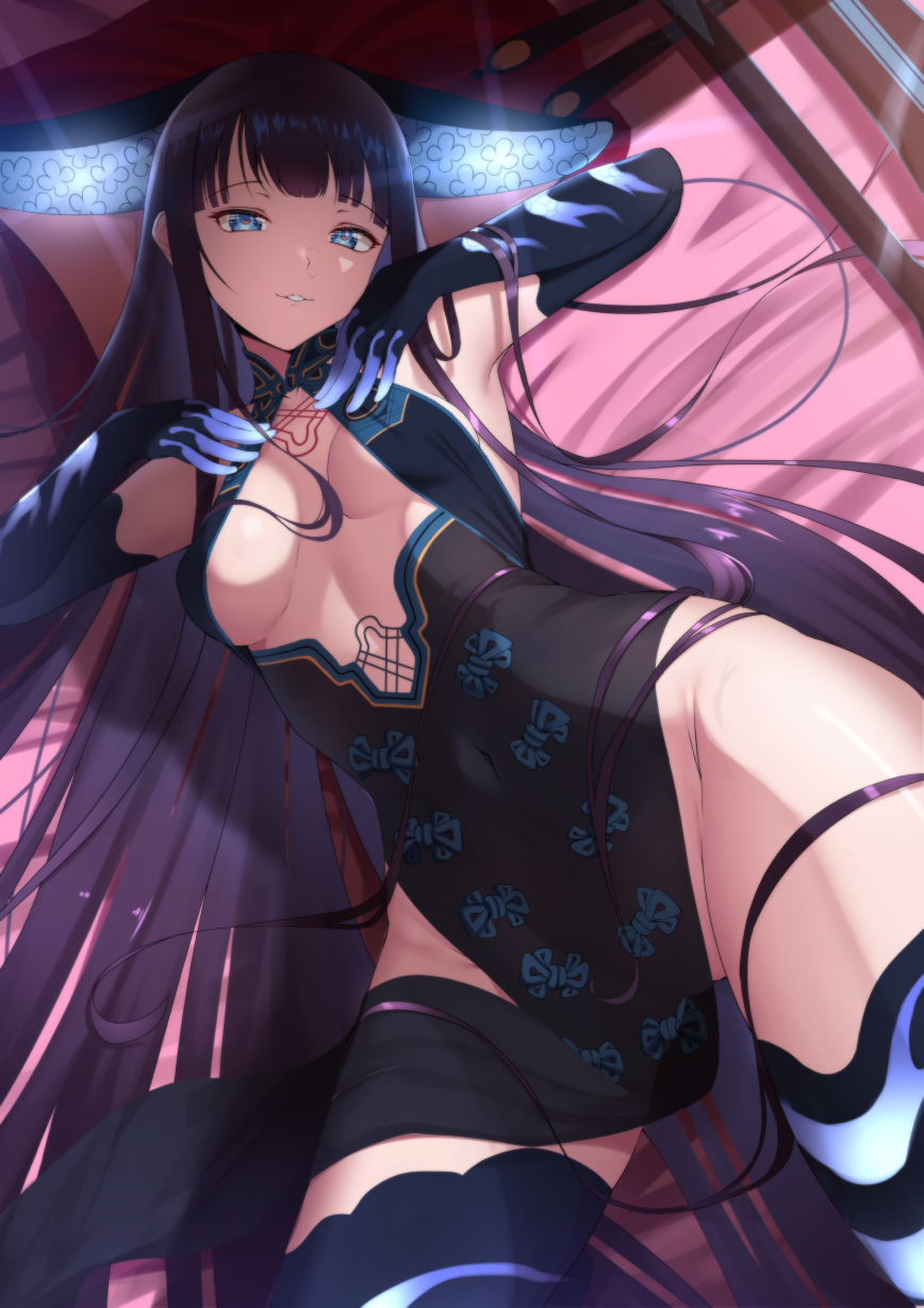 1girl, armpits, bare_shoulders, black_dress, black_gloves, black_headwear, black_thighhighs, blue_eyes