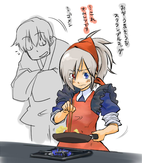 apron, chopsticks, cooking, futaba_channel, headscarf, heterochromia, hoshi_doro, itai, nijiura_maids, red_headscarf, sleeves_rolled_up, tears, translated, white_hair