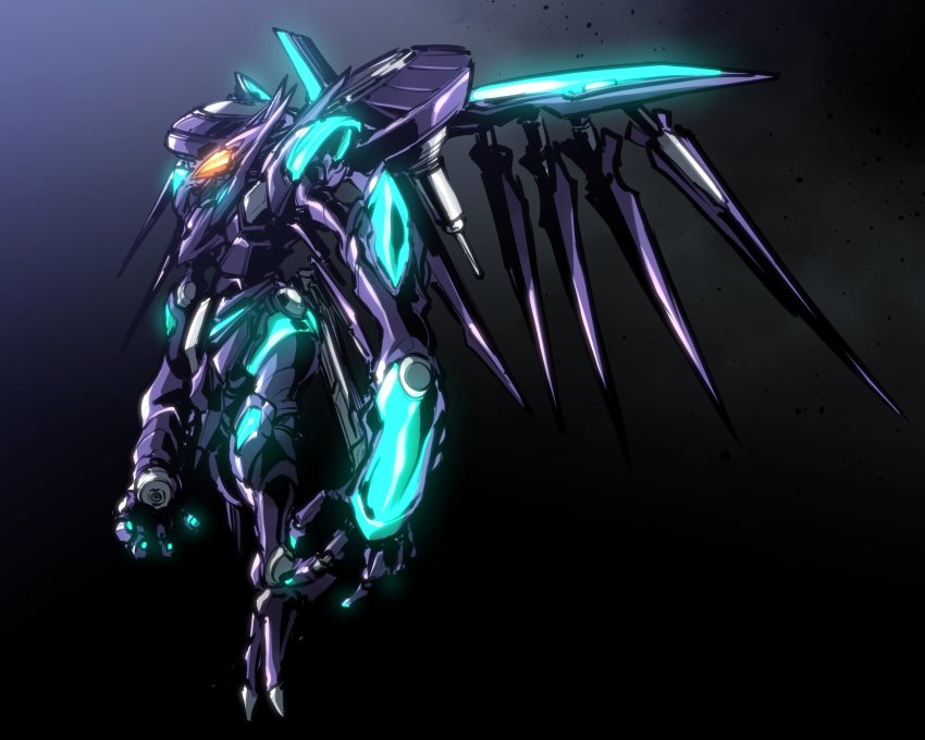 full_body, glowing, gradient_background, highres, kato_takuji, mark_nicht, mecha, no_humans, robot, soukyuu_no_fafner, wings