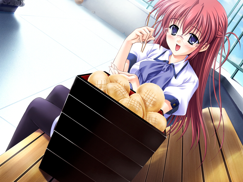 00s, 1girl, bench, blue_eyes, box, bread, female_focus, food, game_cg, glasses, haibara_kurumi, long_hair, melon_bread, non-web_source, red_hair, saishuu_shiken_kujira, school_uniform, solo, thighhighs