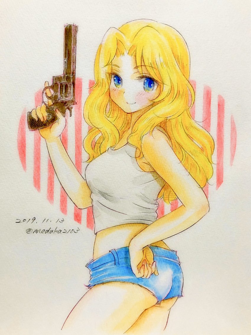 1girl, ass, blonde_hair, blue_eyes, blue_shorts, blush, closed_mouth, colored_pencil_(medium), commentary, cutoffs, dated, denim, denim_shorts, female_focus, from_side, girls_und_panzer, gun, hair_intakes, hand_on_own_hip, handgun, highres, holding, holding_gun, holding_weapon, kay_(girls_und_panzer), light_blush, long_hair, looking_at_viewer, micro_shorts, midriff, q-bee_(aaru), revolver, shirt, shorts, smile, solo, standing, tank_top, traditional_media, trigger_discipline, twitter_username, weapon, white_shirt