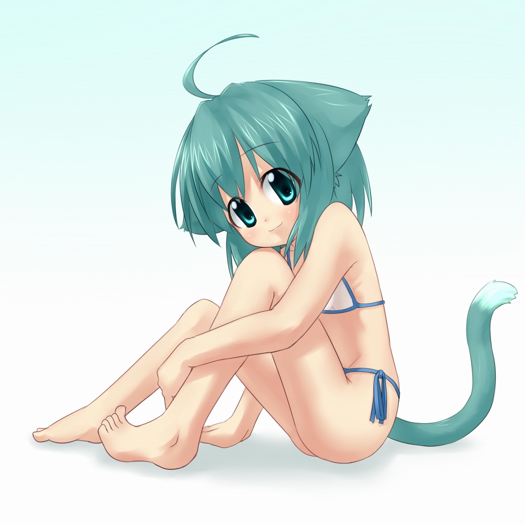 1girl, ahoge, animal_ears, barefoot, bikini, cat_ears, cat_tail, feet