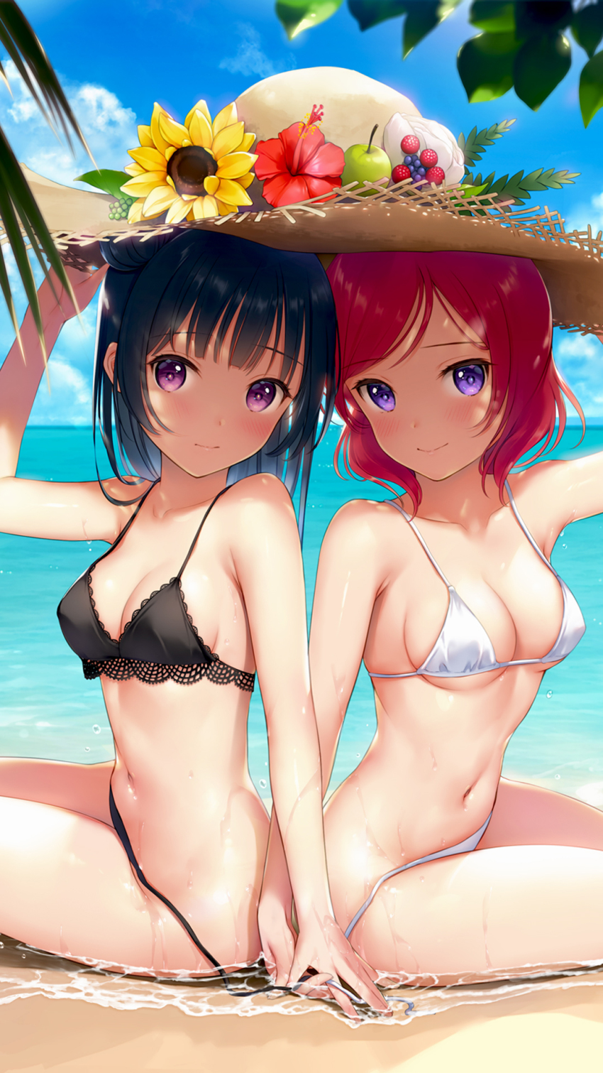 2girls, arm_up, armpit_peek, beach, bikini, black_bikini, blue_hair, blunt_bangs, blush, breasts, cleavage, closed_mouth, day, detexted, flower, from_side, hand_on_headwear, hat, hat_flower, highres, holding_hands, in-franchise_crossover, lace, lace-trimmed_bikini, lace_trim, long_hair, looking_at_viewer, love_live!, love_live!_school_idol_project, love_live!_sunshine!!, medium_hair, mignon, multiple_girls, navel, nishikino_maki, outdoors, partially_submerged, purple_eyes, red_hair, shared_hat, short_hair, side-tie_bikini_bottom, sitting, small_breasts, smile, straw_hat, sun_hat, swimsuit, third-party_edit, tsushima_yoshiko, untied_bikini, wet, white_bikini