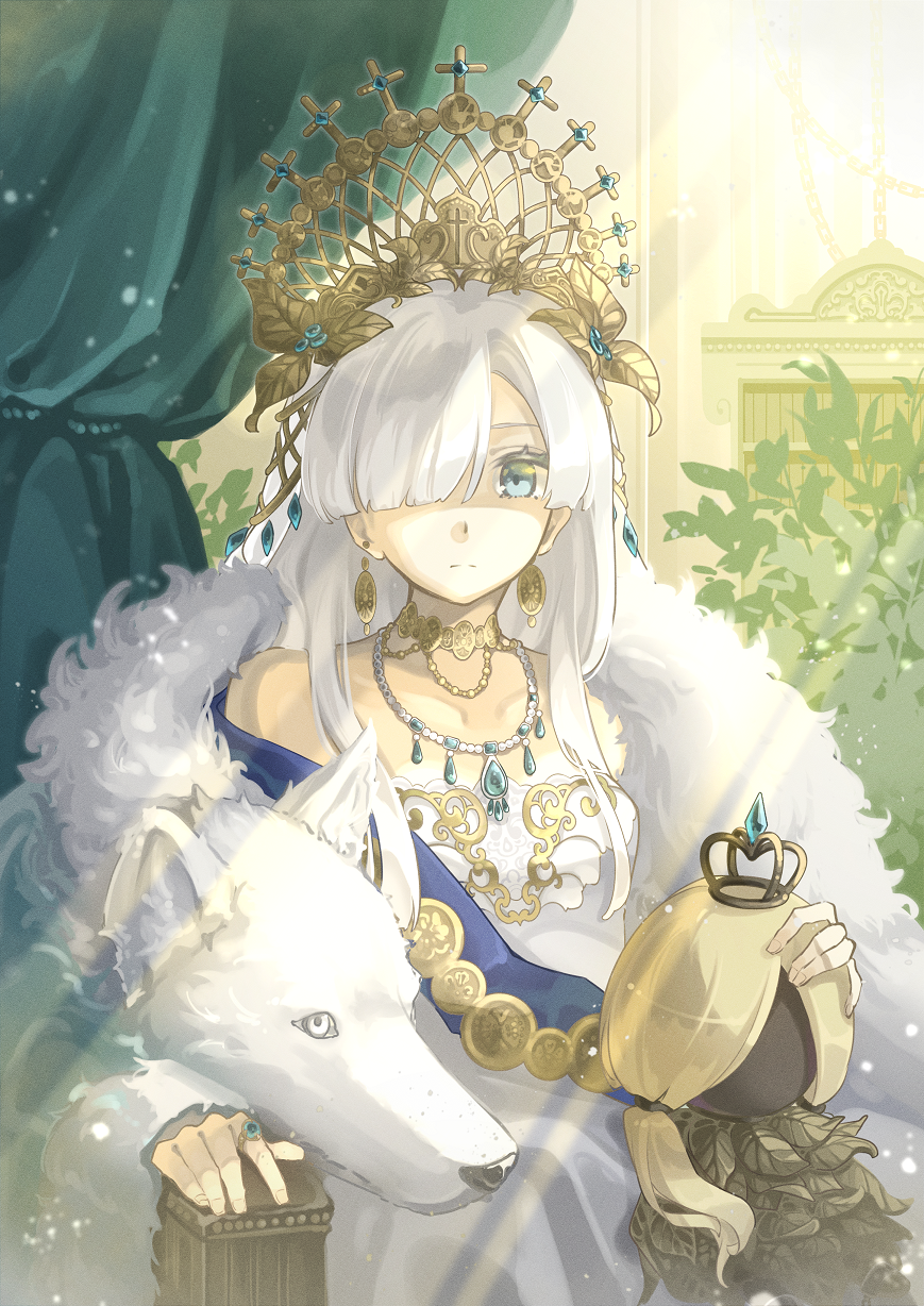 1girl, anastasia_(fate), azuma_kazamori, blue_eyes, curtains, doll, dress, earrings, fate/grand_order, fate_(series), female_focus, hair_over_one_eye, highres, jewelry, long_hair, pelt, pendant, ring, silver_hair, sitting, solo, strapless, strapless_dress, sunlight, tiara