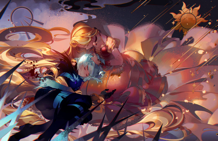 2girls, absurdly_long_hair, aqua_hair, artist_name, black_footwear, black_gloves, black_pants, blonde_hair