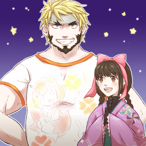 1boy, 1girl, bad_id, bad_pixiv_id, barry_goodman, beard, blonde_hair, blue_eyes