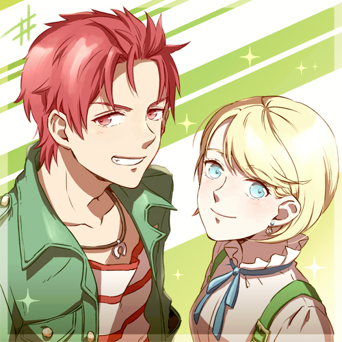 1boy, 1girl, akagi_toma, bad_id, bad_pixiv_id, blonde_hair, blue_eyes, blush