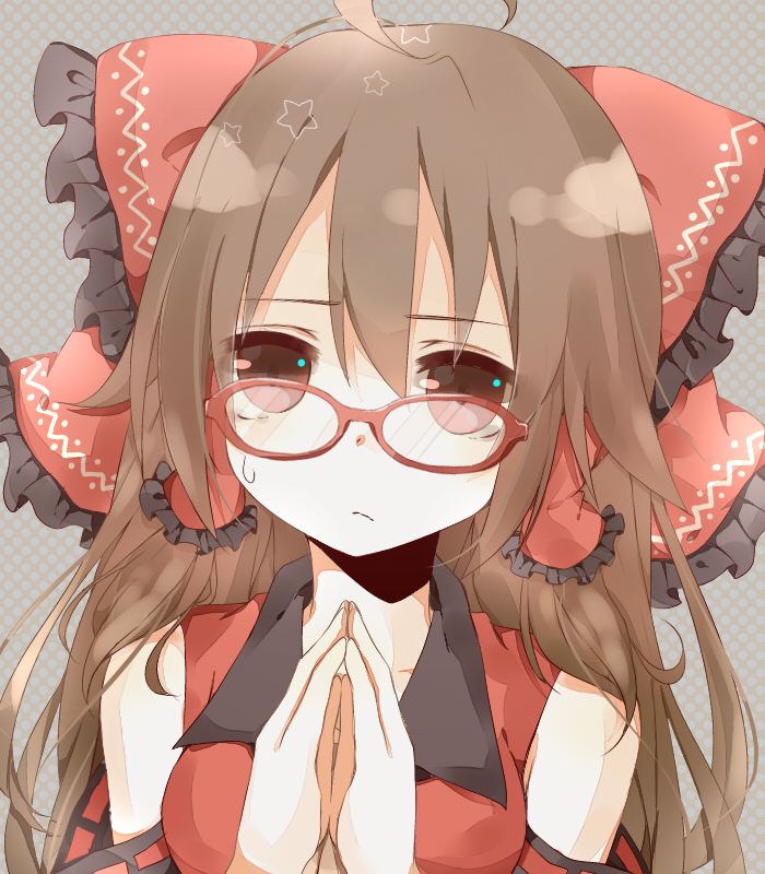 1girl, ahoge, bespectacled, blush, bow, breasts, brown_eyes, brown_hair