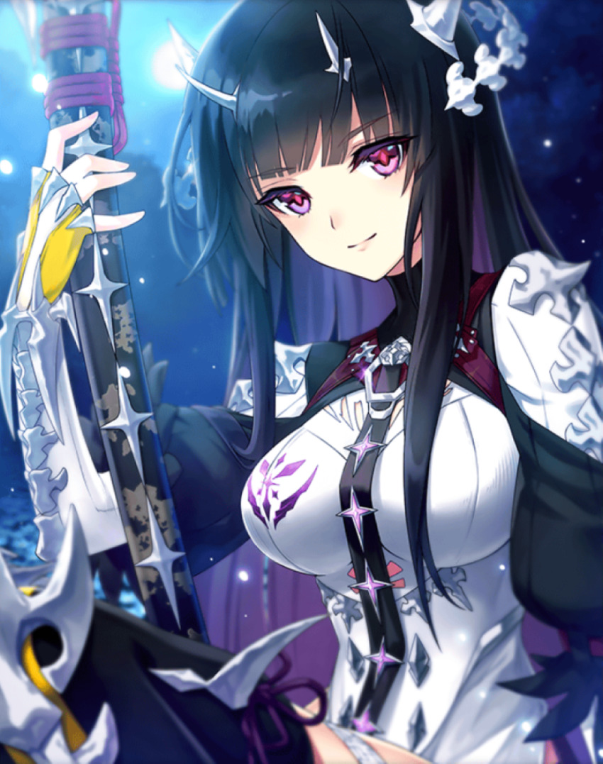 armor, black_hair, bone, bone_hair_ornament, breasts, elbow_gloves, fingerless_gloves, game_cg, gloves, hair_ornament, highres, integral_killer_(phantom_of_the_kill), katana, large_breasts, leg_up, long_hair, looking_at_viewer, masamune_(phantom_of_the_kill), official_art, phantom_of_the_kill, puffy_short_sleeves, puffy_sleeves, red_eyes, sheath, sheathed, short_sleeves, shoulder_armor, solo, sword, weapon