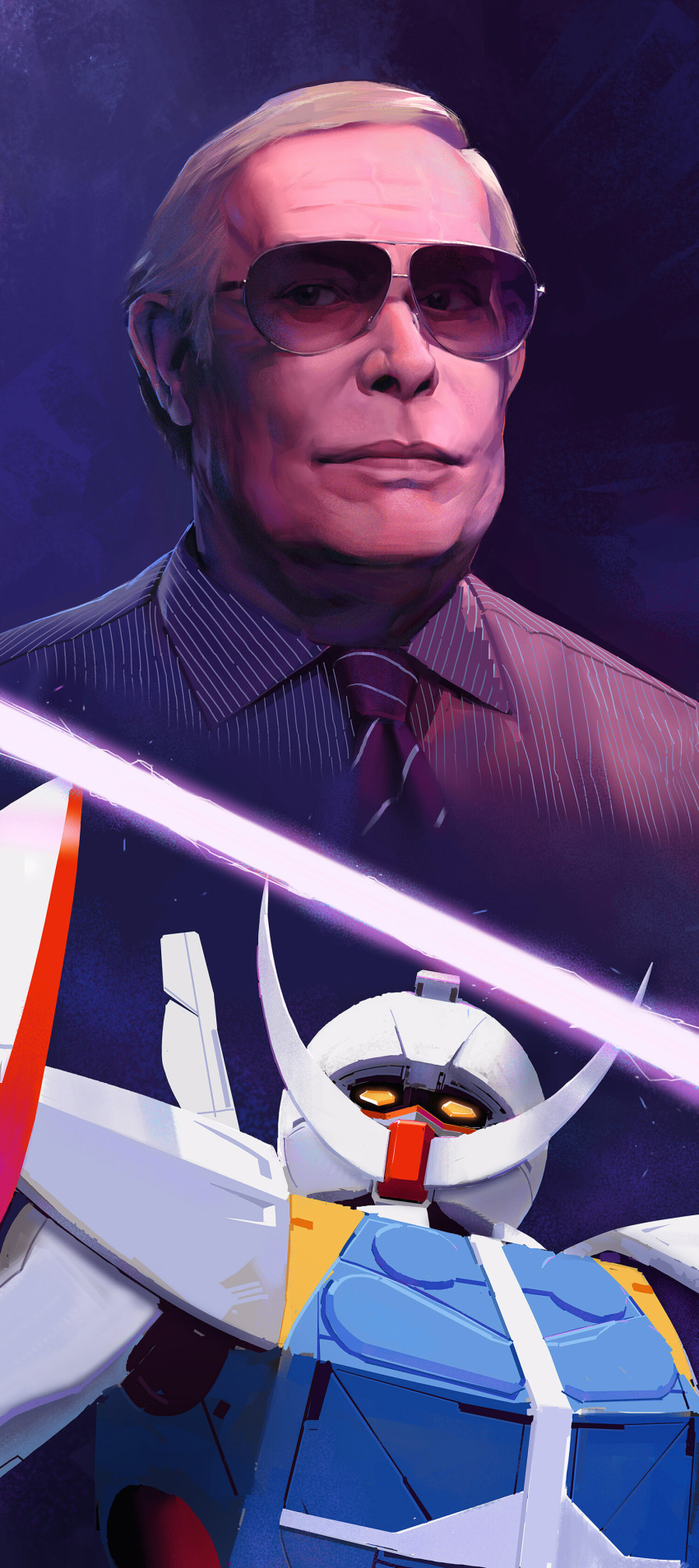 1boy, absurdres, energy_sword, facial_hair, grey_hair, gundam, highres, male_focus, manly, mecha, mustache, necktie, old, old_man, pencillien, real_life, real_life_insert, realistic, robot, shield, sunglasses, syd_mead_(designer), turn_a_gundam, turn_a_gundam_(mobile_suit)