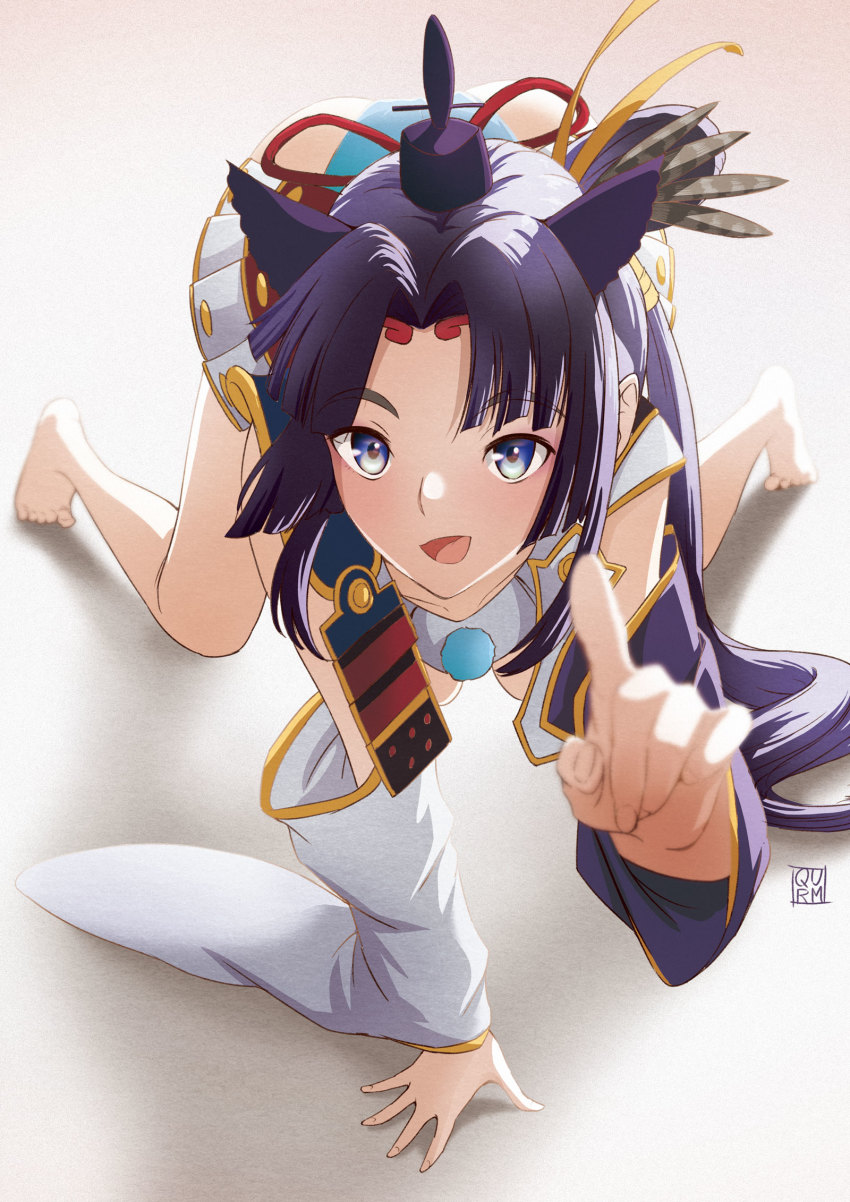 1girl, all_fours, aqua_panties, armor, ass, asymmetrical_sleeves, bare_shoulders, barefoot, black_hair, black_hat, blue_eyes, breasts, detached_sleeves, enpitsu_(pixiv631743), fate/grand_order, fate_(series), feather_hair_ornament, feathers, female_focus, hair_ornament, hat, highres, japanese_armor, kusazuri, long_hair, medium_breasts, mismatched_sleeves, open_mouth, panties, pointing, pointing_at_viewer, pom_pom_(clothes), revealing_clothes, side_ponytail, sideboob, simple_background, smile, socks, solo, underwear, ushiwakamaru_(fate), ushiwakamaru_(second_ascension)_(fate), very_long_hair, white_background, wide_sleeves