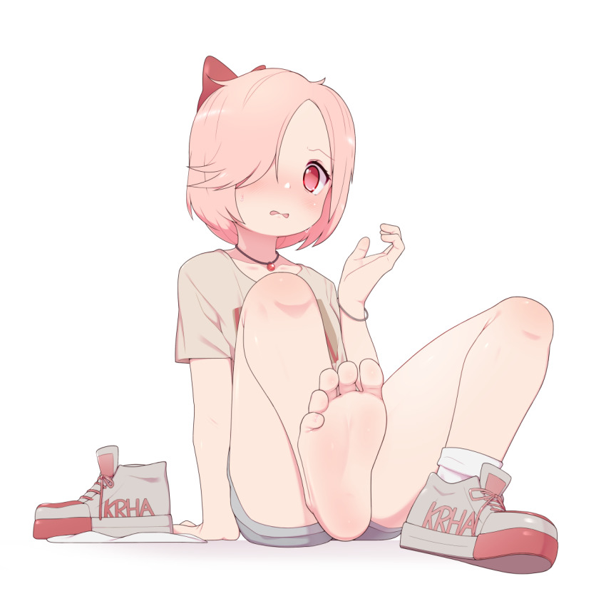 1girl, blush, feet, female_focus, highres, maidforge, original, pink_hair