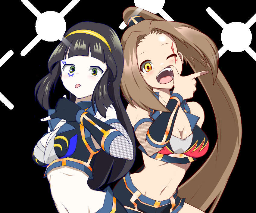 2girls, absurdres, alternate_costume, blunt_bangs, breasts, brown_hair, cleavage, fang