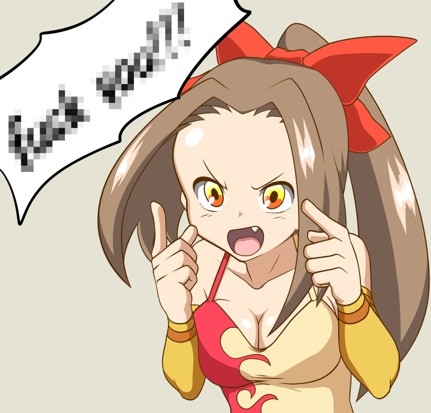 1girl, absurdres, bow, breasts, brown_hair, censored, cleavage, english_text