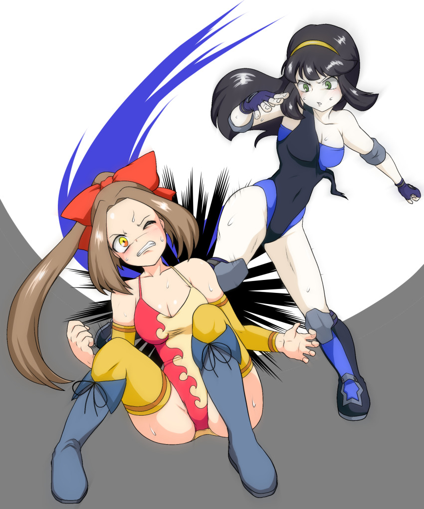 2girls, absurdres, boots, bow, breasts, brown_hair, cleavage, fingerless_gloves