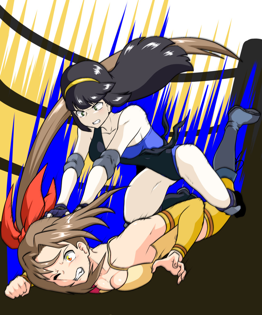 2girls, absurdres, ass, blunt_bangs, boots, bow, brown_hair, fingerless_gloves