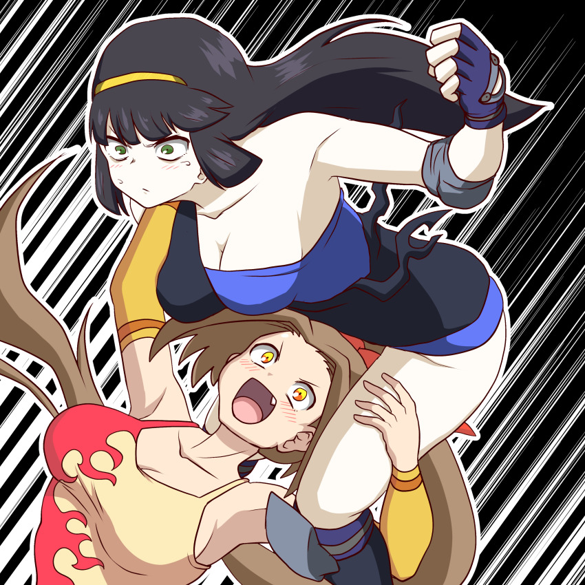 2girls, absurdres, blunt_bangs, blush, bow, breasts, brown_hair, cleavage