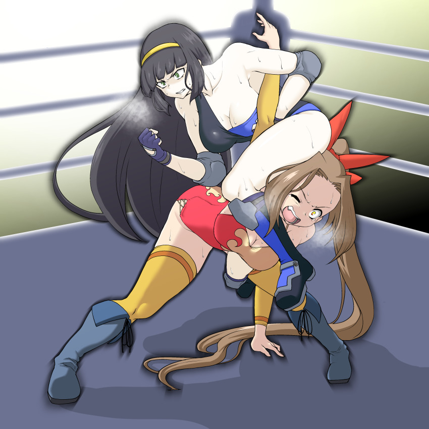 2girls, absurdres, black_hair, blunt_bangs, boots, bow, breasts, brown_hair