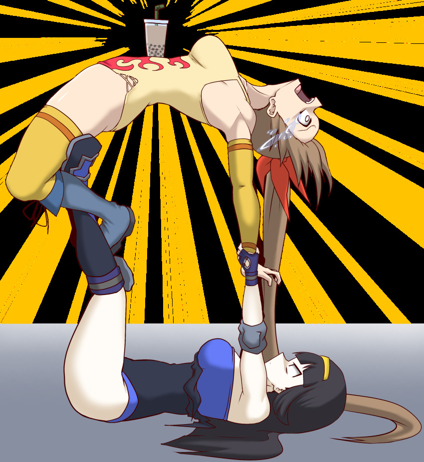 2girls, absurdres, black_hair, blunt_bangs, bow, breasts, brown_hair, bubble_tea, bubble_tea_challenge, cup, disposable_cup, drinking_straw, fingerless_gloves, fool_iketani, gloves, hair_bow, hairband, highres, hikari_akira, leotard, long_hair, multiple_girls, multiple_views, open_mouth, original, pale_skin, ponytail, shiratsuki_reika, surfboard_(wrestling), tearing_up, tears, very_long_hair