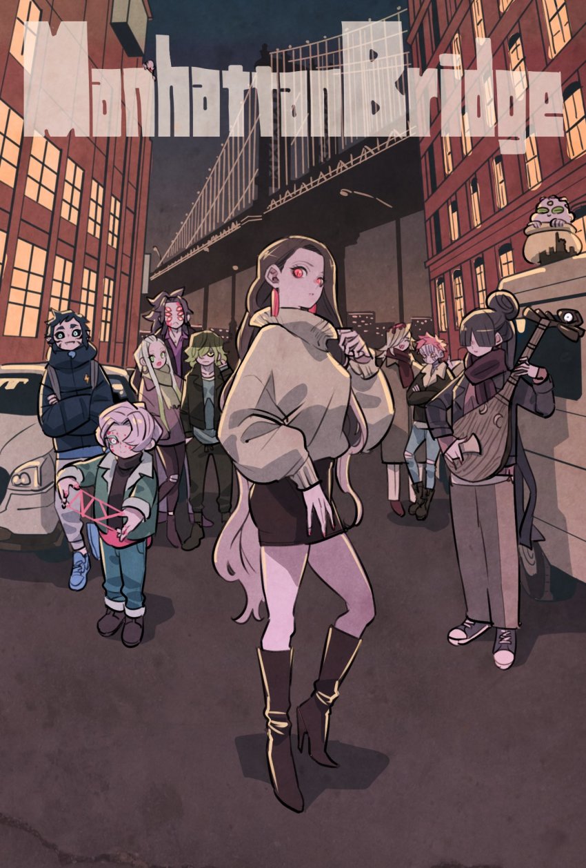 3girls, 6+boys, akaza_(kimetsu_no_yaiba), alternate_costume, biwa_lute, black_footwear, black_hair, black_sclera