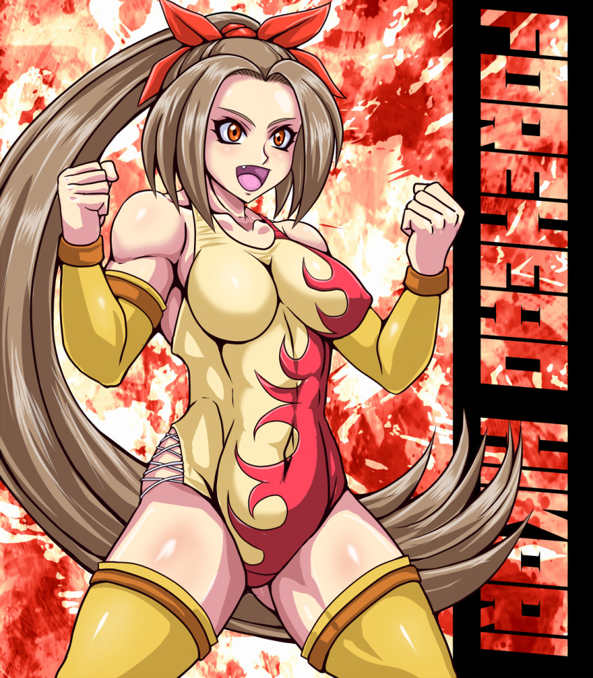 1girl, abs, borrowed_character, bow, breasts, brown_hair, character_name, clenched_hands, covered_abs, covered_erect_nipples, covered_navel, cowboy_shot, detached_sleeves, english_text, fang, female_focus, gluteal_fold, hair_bow, highres, hikari_akira, impossible_clothes, impossible_leotard, leotard, long_hair, medium_breasts, muscular, muscular_female, open_mouth, orange_eyes, original, parted_bangs, ponytail, solo, taroimo_(00120014), thighhighs, thighs, very_long_hair, wrestling_outfit