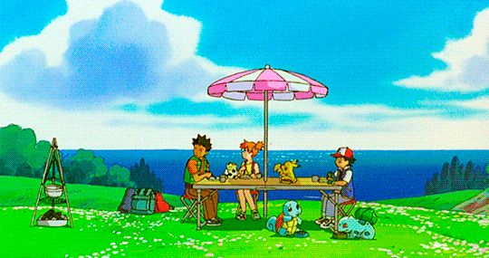 1girl, 2boys, 3d, animated, animated_gif, ash_ketchum, blue_sky, brock_(pokemon), bulbasaur, chair, charizard, cloud, comparison, dragonite, flying, food, gen_1_pokemon, gen_2_pokemon, grass, misty_(pokemon), multiple_boys, nintendo, outdoors, pikachu, pokemon, pokemon:_mewtwo_strikes_back_-_evolution, pokemon:_the_first_movie_-_mewtwo_strikes_back, pokemon_(anime), pokemon_(classic_anime), pokemon_(creature), psyduck, shockwave, sitting, sky, squirtle, table, togepi, tree, vulpix, water