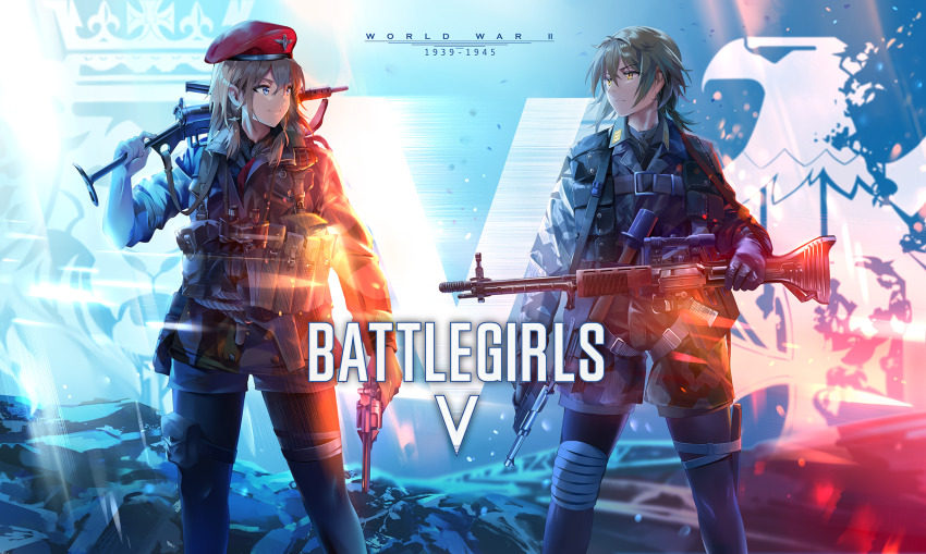 2girls, ammunition_pouch, asymmetrical_dual_wielding, battle_rifle, battlefield_(series), battlefield_v, beret, binoculars