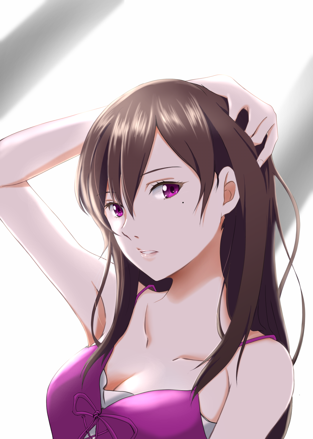 1girl, arm_up, breasts, brown_hair, cleavage, female_focus, hair_between_eyes, highres, long_hair, medium_breasts, mole, mole_under_eye, parted_lips, purple_eyes, simple_background, solo, suga_natsumi, take20131004, tenki_no_ko, upper_body, white_background