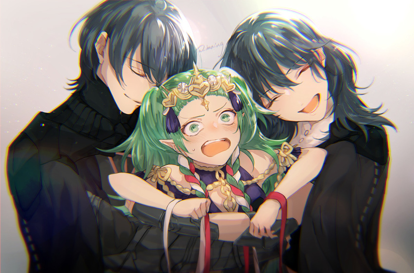 1boy, 2girls, blue_hair, blush, boy_and_girl_sandwich, braid, chromatic_aberration, closed_eyes