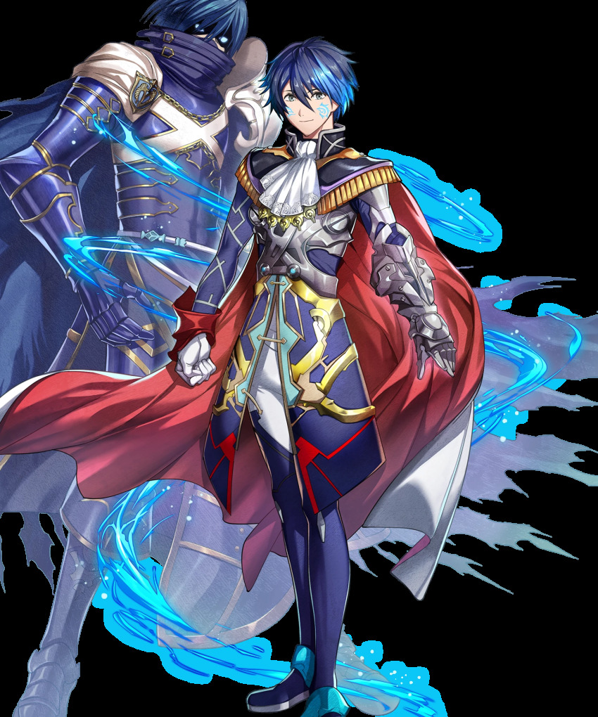 1boy, aoi_itsuki, armored_boots, belt, blue_eyes, blue_hair, boots, cape