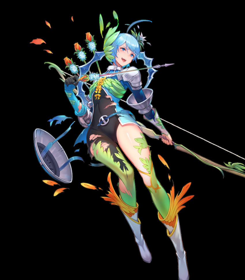 1girl, ahoge, armor, arrow_(projectile), blue_eyes, blue_hair, boots, bow