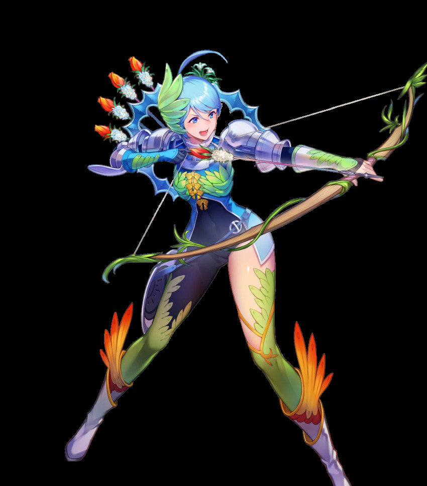 1girl, ahoge, armor, arrow_(projectile), blue_eyes, blue_hair, boots, bow, bow_(weapon), bowtie, earrings, feathers, female_focus, fire_emblem, fire_emblem_heroes, flower, full_body, gloves, hair_ornament, highres, jewelry, kakage, leaf, nintendo, official_art, open_mouth, quiver, solo, teeth, thighhighs, tokyo_mirage_sessions_fe, transparent_background, weapon, yumizuru_eleanora